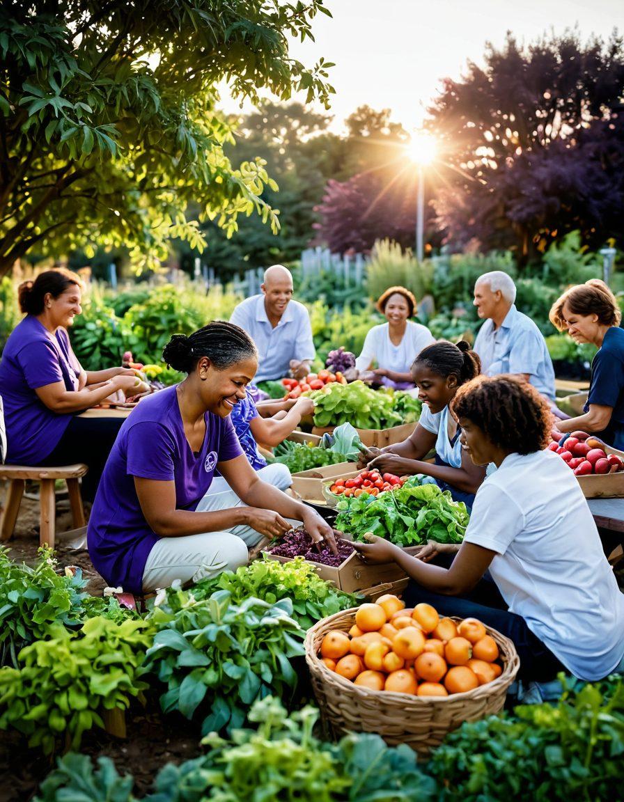 A serene community garden filled with diverse individuals planting and harvesting fresh fruits and vegetables, symbolizing the healing power of nutrition. In the background, a soft sunset casts warm light on people enjoying a communal meal, with laughter and support evident in their expressions. Include elements of cancer awareness, like purple ribbons intertwined with the plants. Emphasize the themes of unity, health, and recovery. vibrant colors. super-realistic.