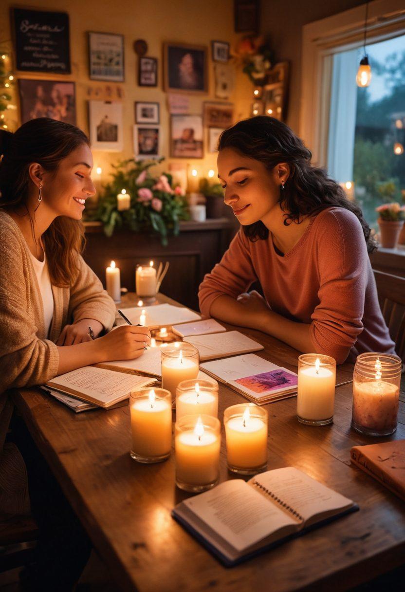 A warm, inviting scene depicting diverse individuals sharing their survivor stories in a cozy café setting, surrounded by symbols of hope like candles and flowers. The atmosphere radiates support and community, with soft, uplifting colors to enhance the emotional connection. Include elements like a group hug, a notepad with heartfelt messages, and a vision board showcasing dreams and goals. super-realistic. vibrant colors. soft lighting.