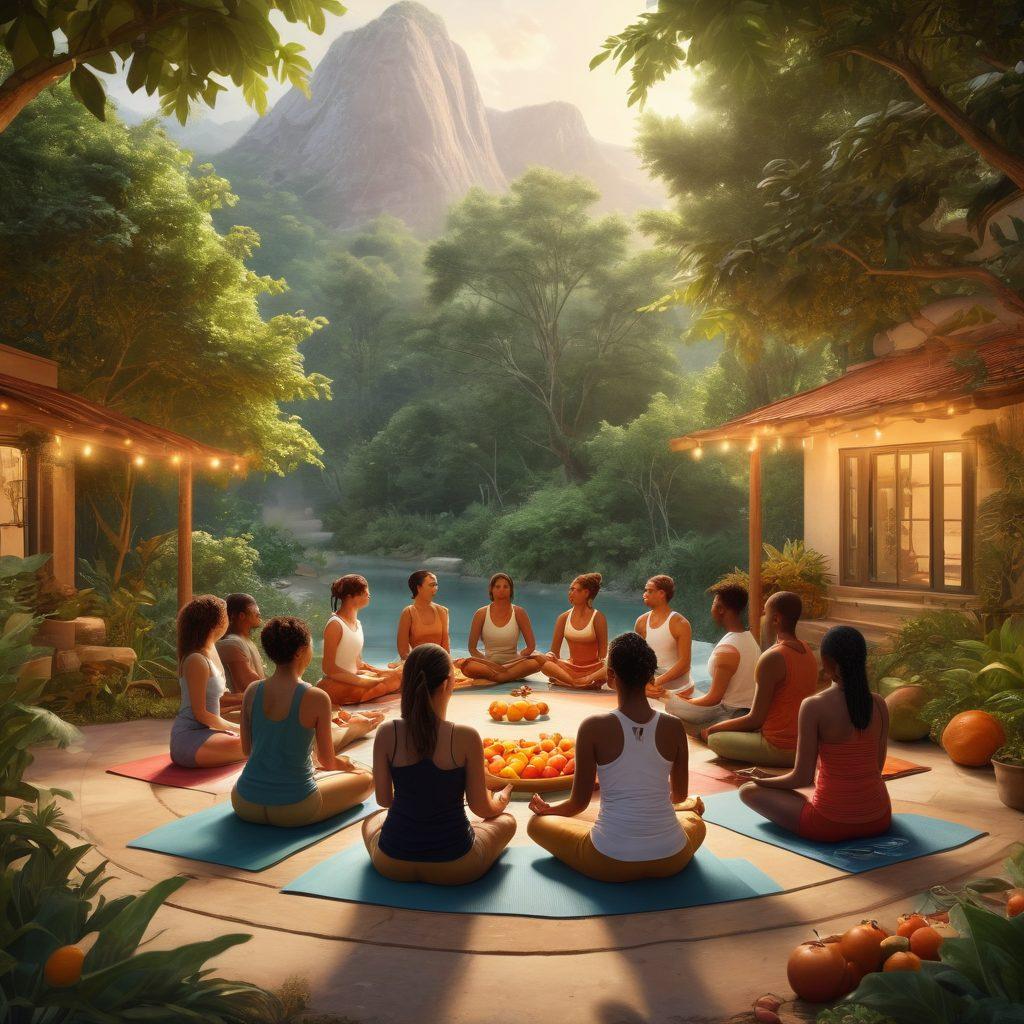A serene depiction of a supportive community gathering, featuring diverse individuals sharing healthy meals, surrounded by nature. Soft, warm lighting creates a comforting atmosphere, with symbols of wellness like yoga mats and fresh fruits in the background. Emphasize connection, care, and resilience amidst a soothing environment. super-realistic. vibrant colors. warm tones.